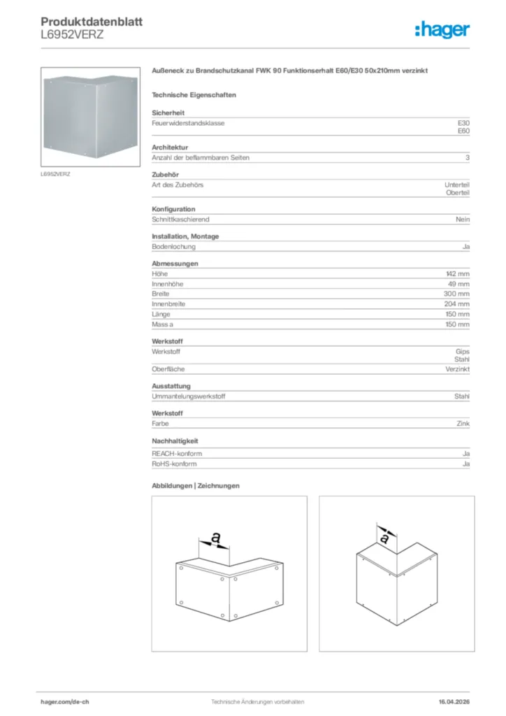 Bild Hager Produktdatenblatt L6952VERZ | Hager Schweiz