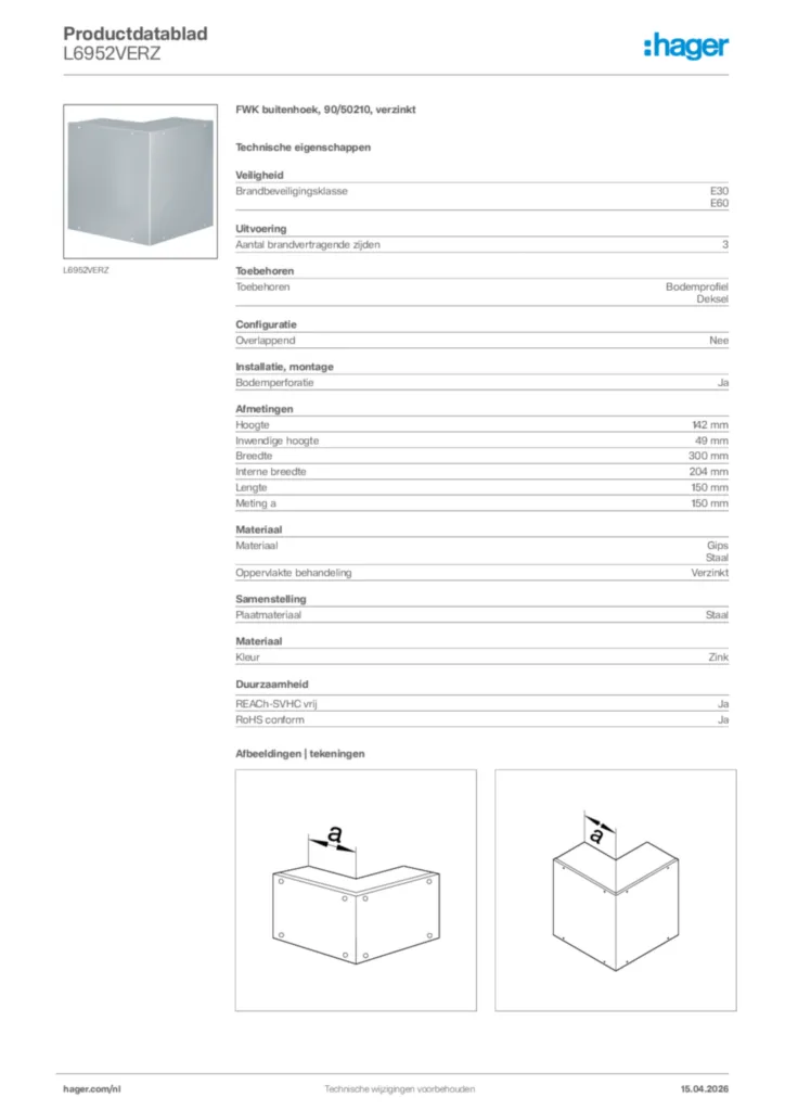 Afbeelding Hager Productdatablad L6952VERZ | Hager Nederland