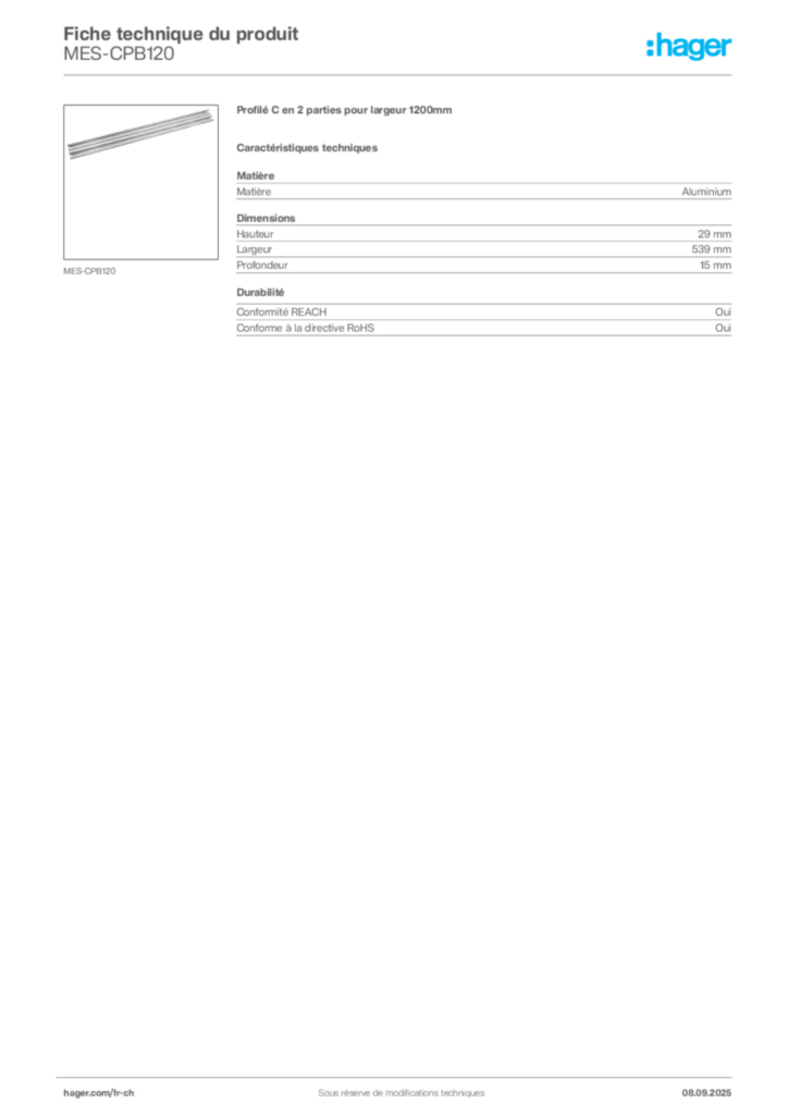Image Hager Fiche technique du produit MES-CPB120 | Hager Suisse