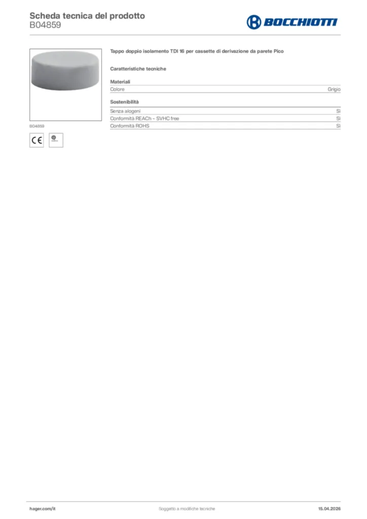 Immagine Bocchiotti Scheda tecnica del prodotto B04859 | Hager Italia