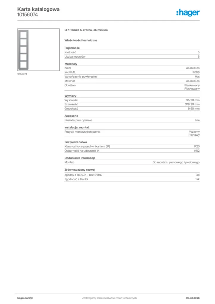 Zdjęcie Hager Karta katalogowa 10156074 | Hager Polska