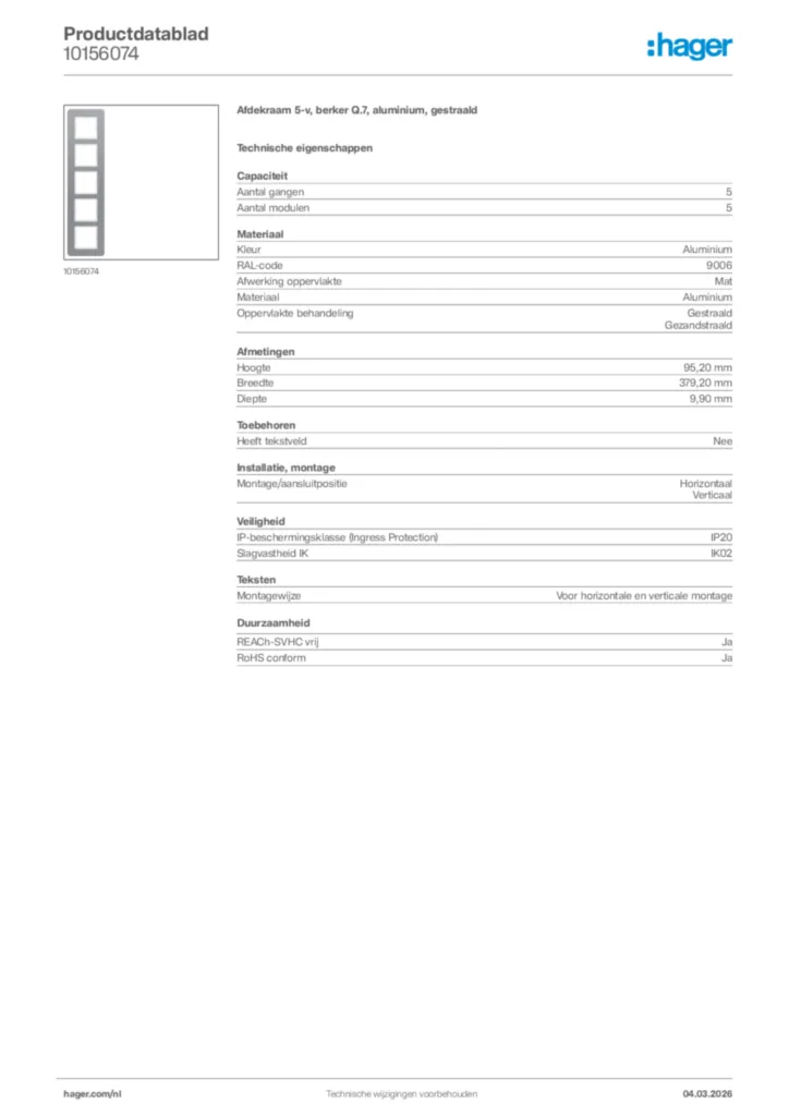 Afbeelding Hager Productdatablad 10156074 | Hager Nederland