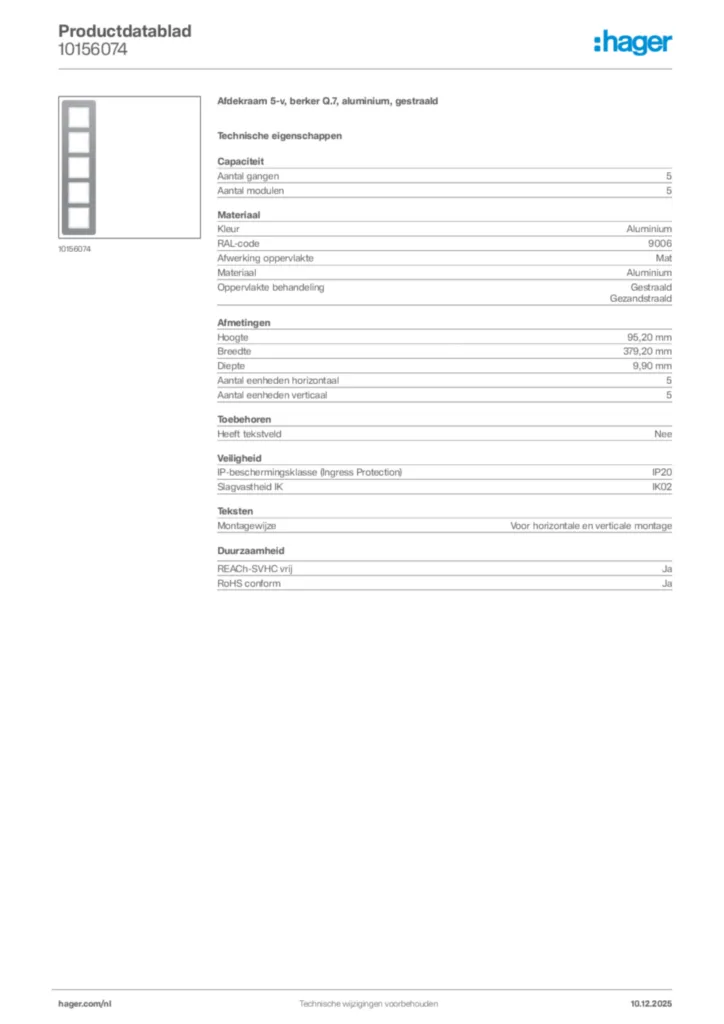 Afbeelding Hager Productdatablad 10156074 | Hager Nederland