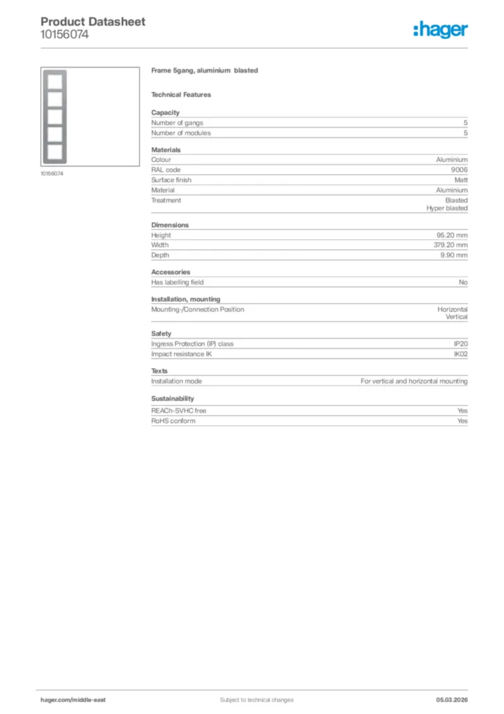 Image Hager Product data sheet 10156074  | Hager