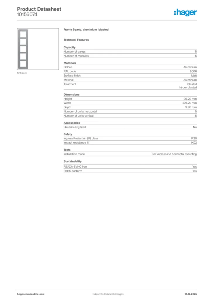 Image Hager Product data sheet 10156074  | Hager