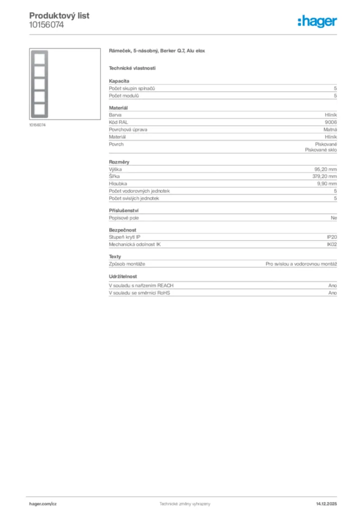 Obrázek Hager Produktový list 10156074 | Hager