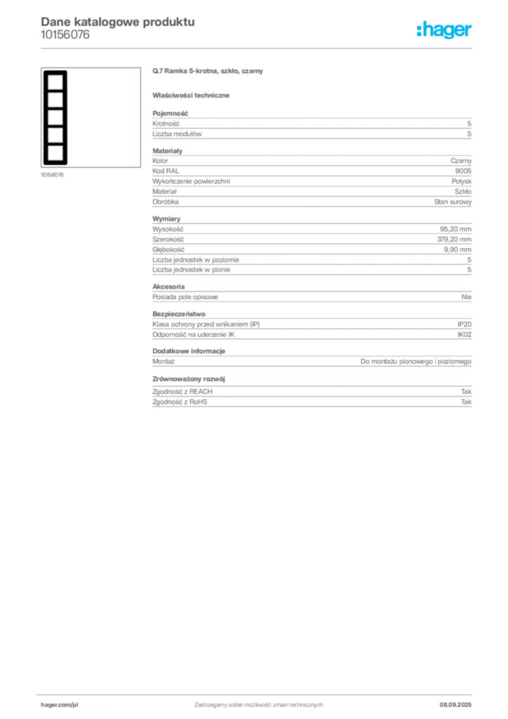 Zdjęcie Hager Dane katalogowe produktu 10156076 | Hager Polska