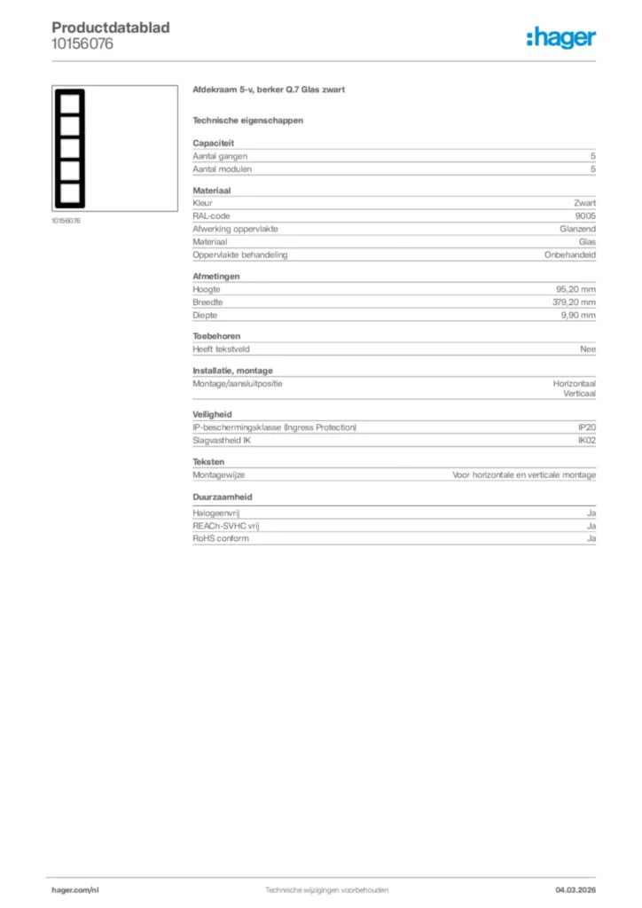 Afbeelding Hager Productdatablad 10156076 | Hager Nederland