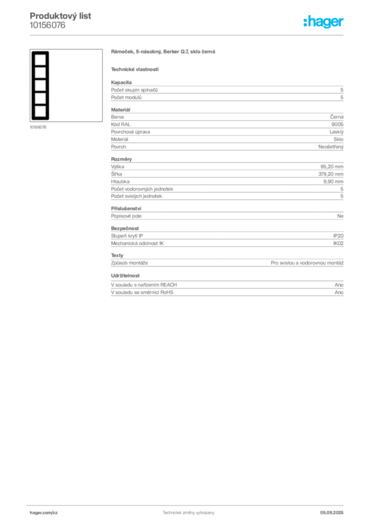 Obrázek Hager Produktový list 10156076 | Hager