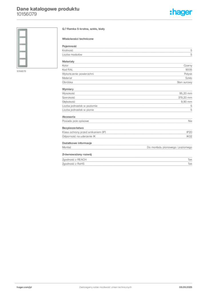 Zdjęcie Hager Dane katalogowe produktu 10156079 | Hager Polska