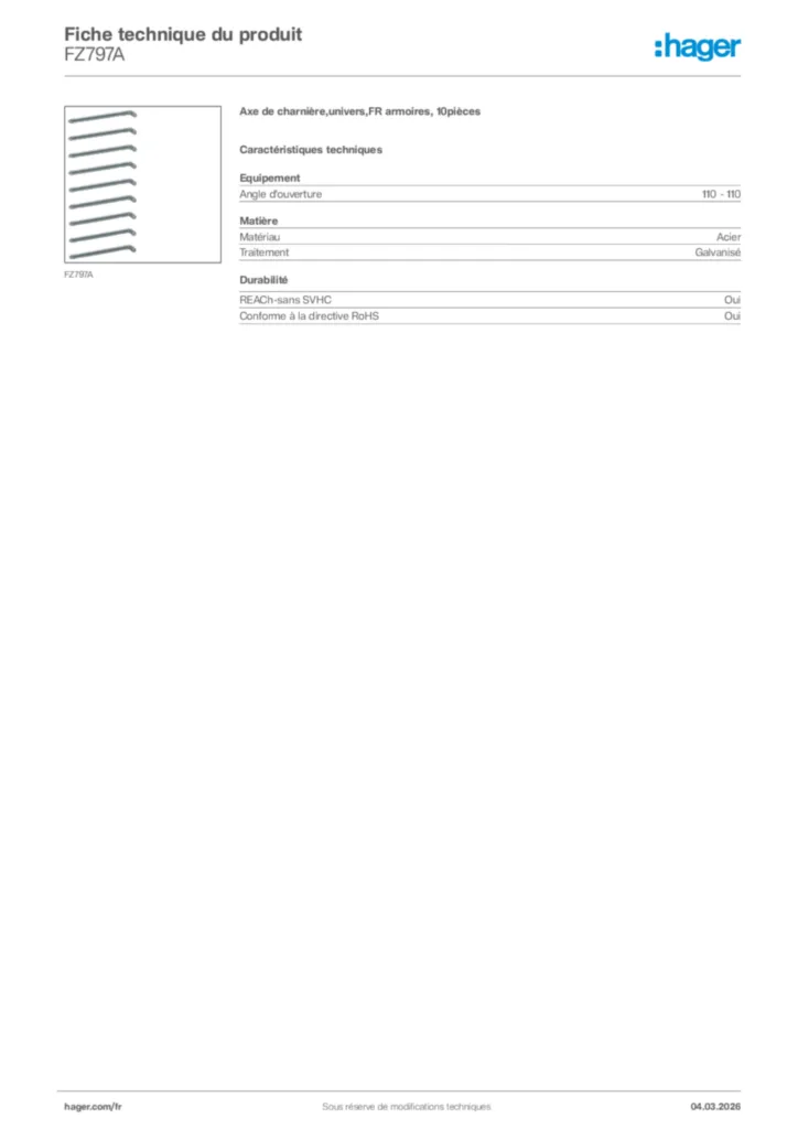 Image Hager Fiche technique du produit FZ797A | Hager France
