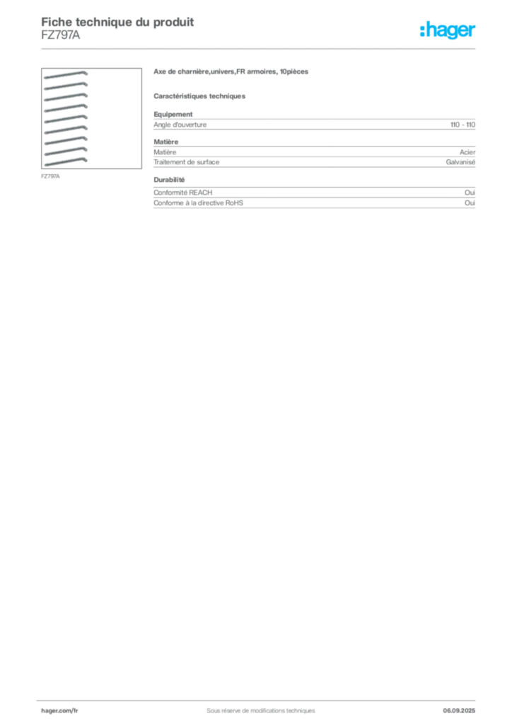 Image Hager Fiche technique du produit FZ797A | Hager France