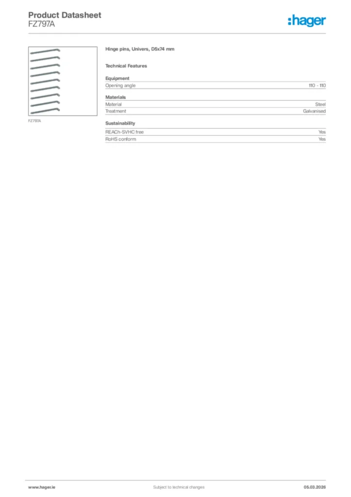 Image Hager Product data sheet FZ797A  | Hager