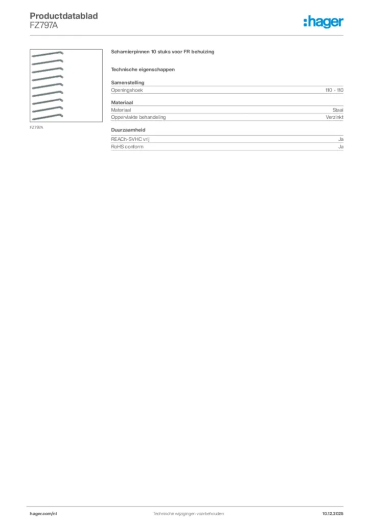 Afbeelding Hager Productdatablad FZ797A | Hager Nederland