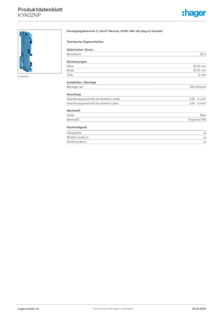 Bild Hager Produktdatenblatt KYA02NP | Hager Schweiz