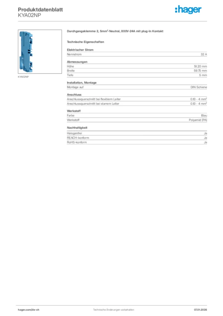 Bild Hager Produktdatenblatt KYA02NP | Hager Schweiz