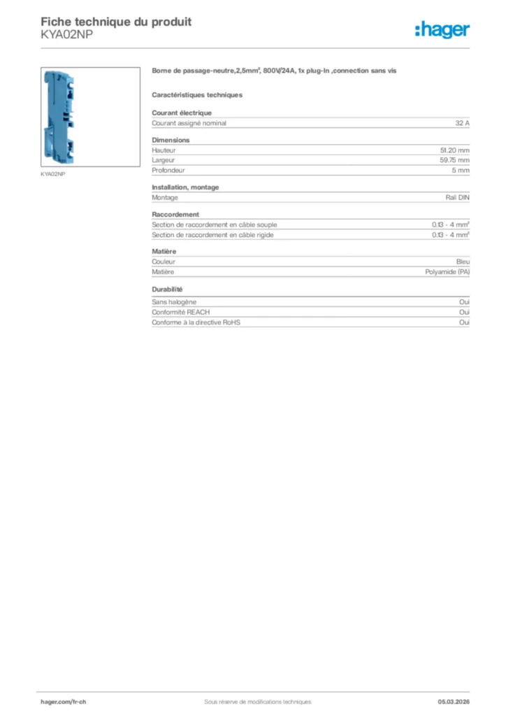 Image Hager Fiche technique du produit KYA02NP | Hager Suisse