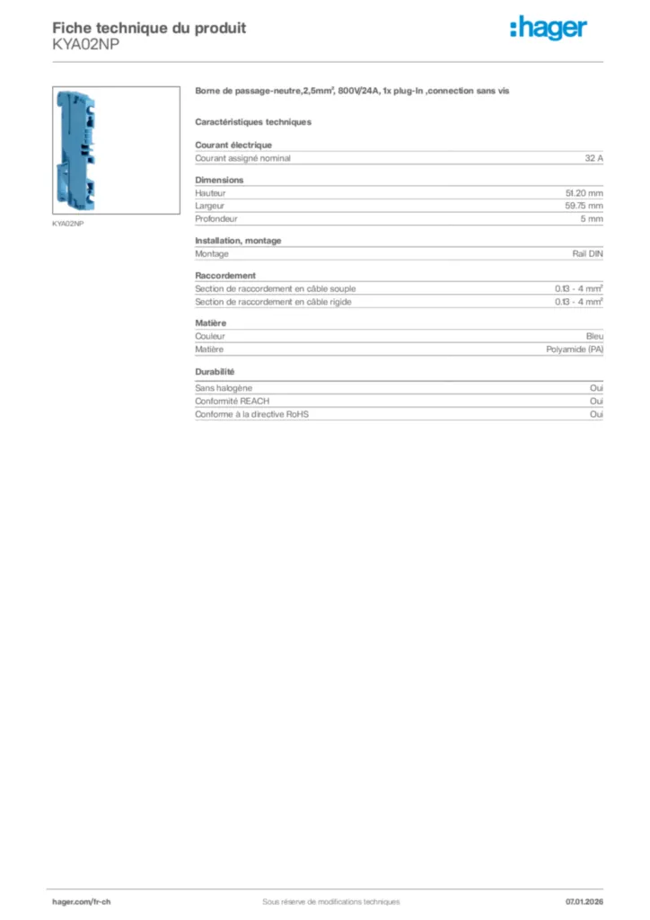 Image Hager Fiche technique du produit KYA02NP | Hager Suisse