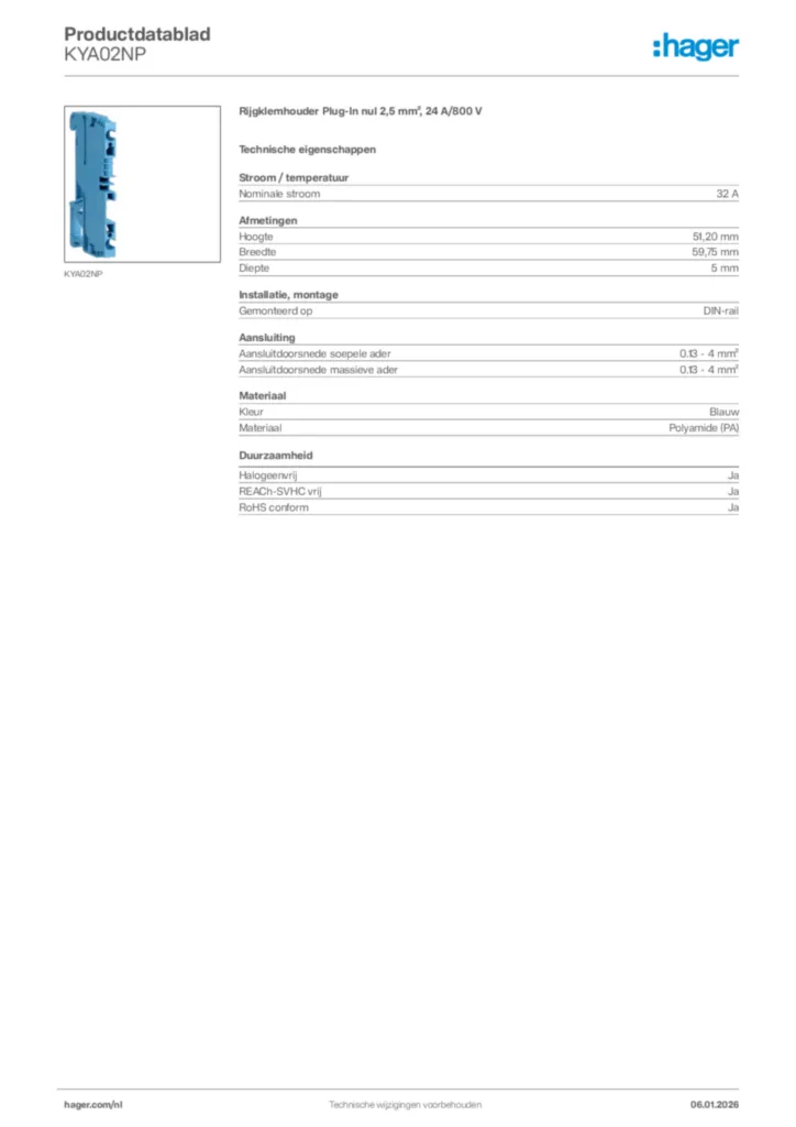 Afbeelding Hager Productdatablad KYA02NP | Hager Nederland
