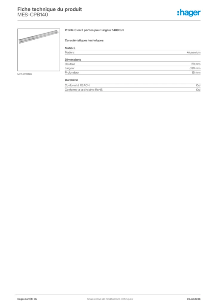 Image Hager Fiche technique du produit MES-CPB140 | Hager Suisse