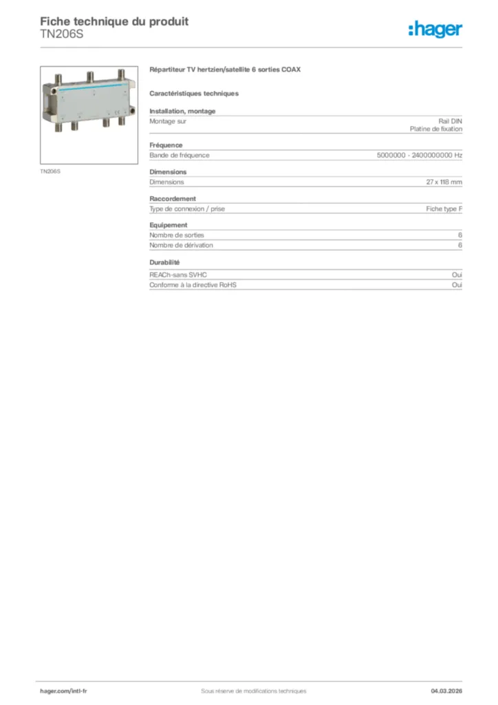 Image Hager Fiche technique du produit TN206S | Hager Afrique