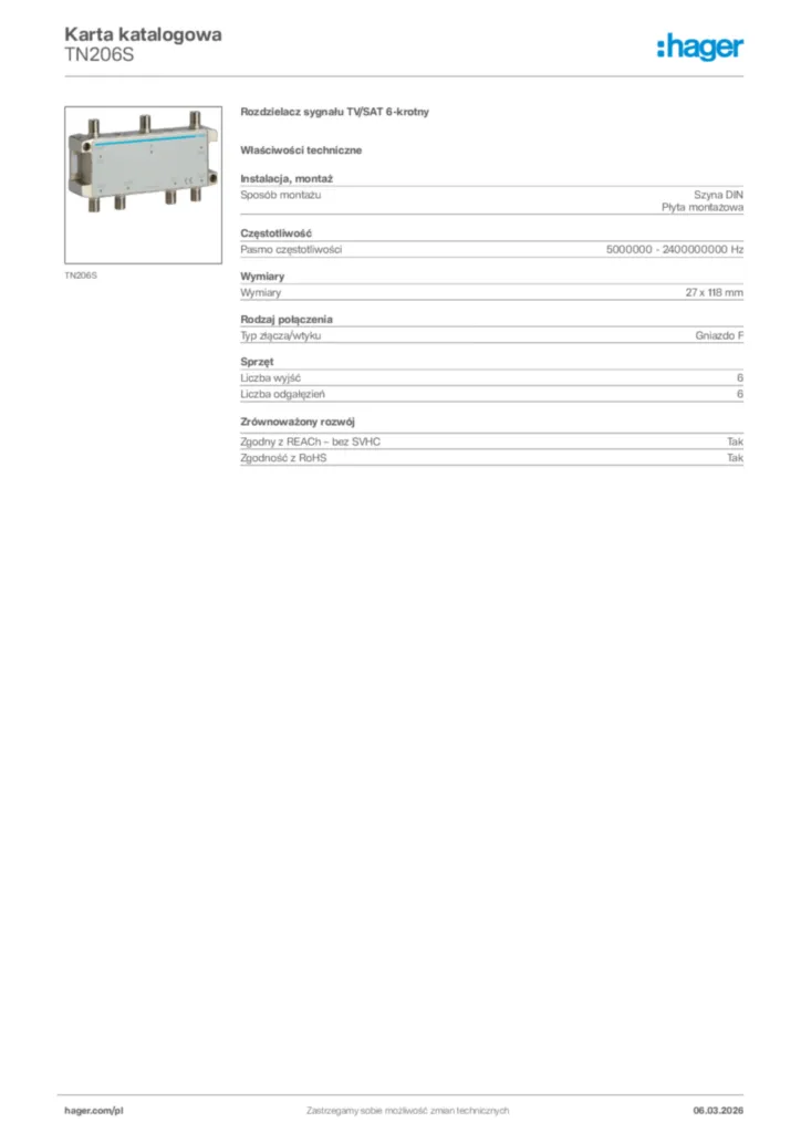 Zdjęcie Hager Karta katalogowa TN206S | Hager Polska