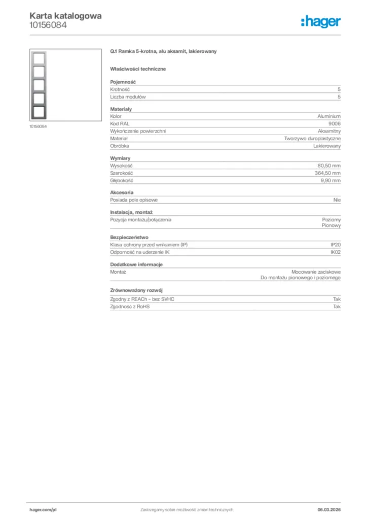 Zdjęcie Hager Karta katalogowa 10156084 | Hager Polska