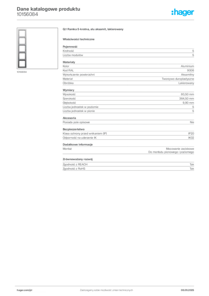 Zdjęcie Hager Dane katalogowe produktu 10156084 | Hager Polska