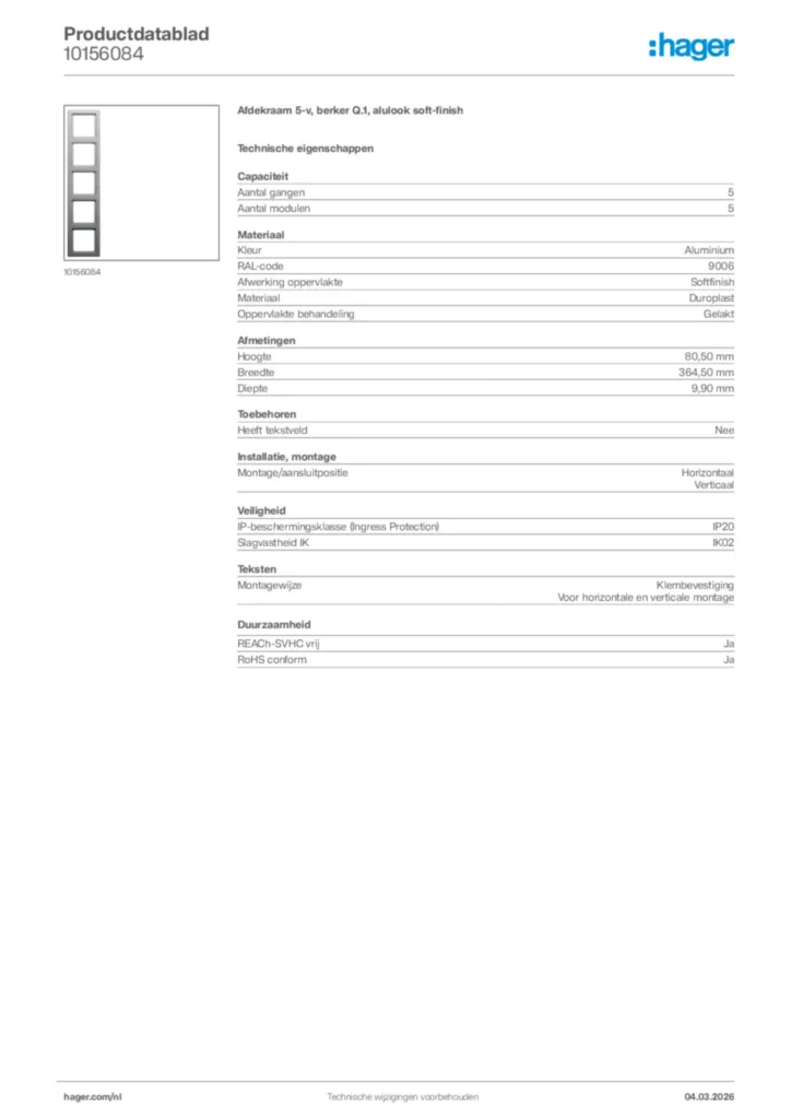 Afbeelding Hager Productdatablad 10156084 | Hager Nederland