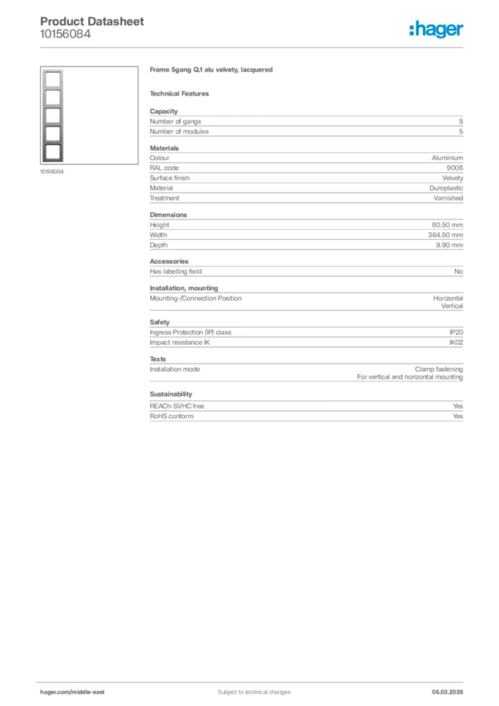Image Hager Product data sheet 10156084  | Hager