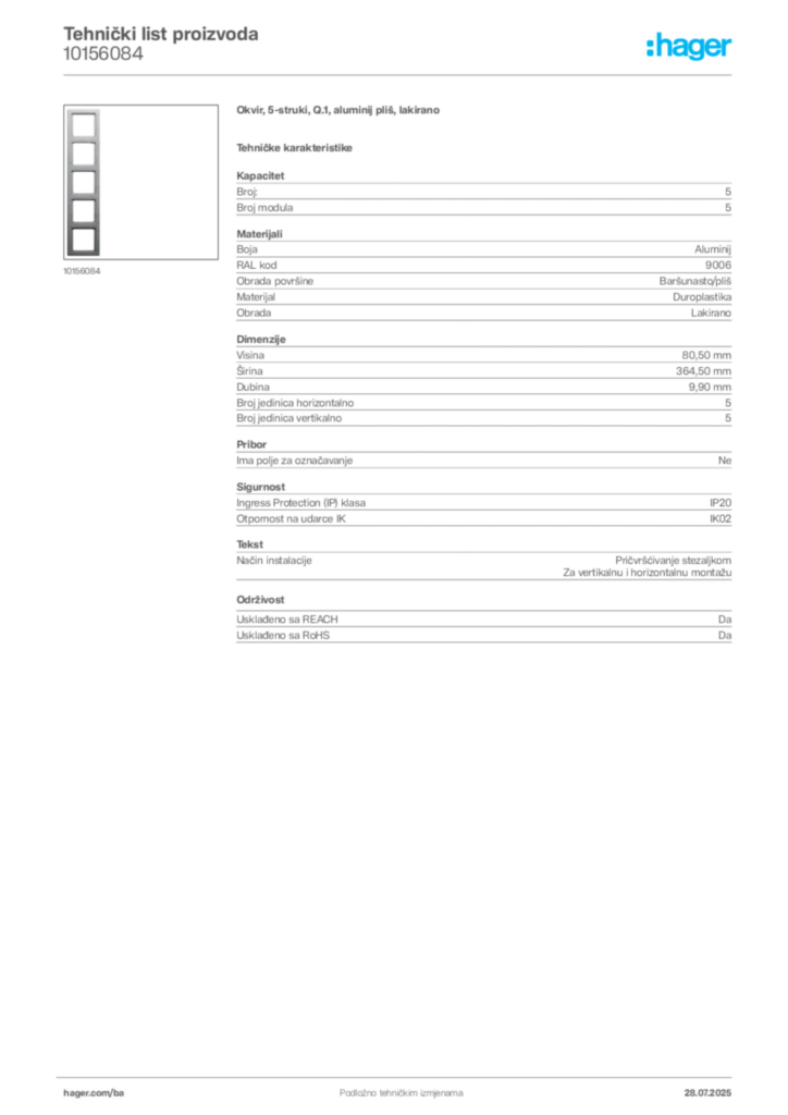 Slika Hager Product data sheet 10156084  | Hager