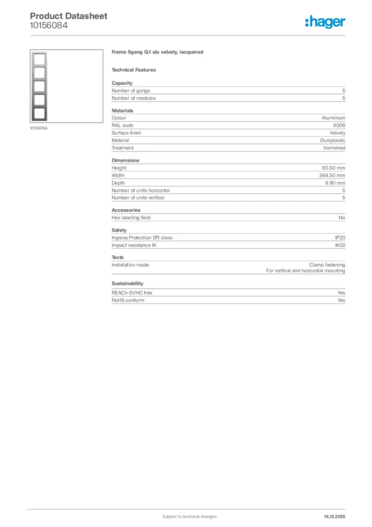 Image Hager Product data sheet 10156084  | Hager