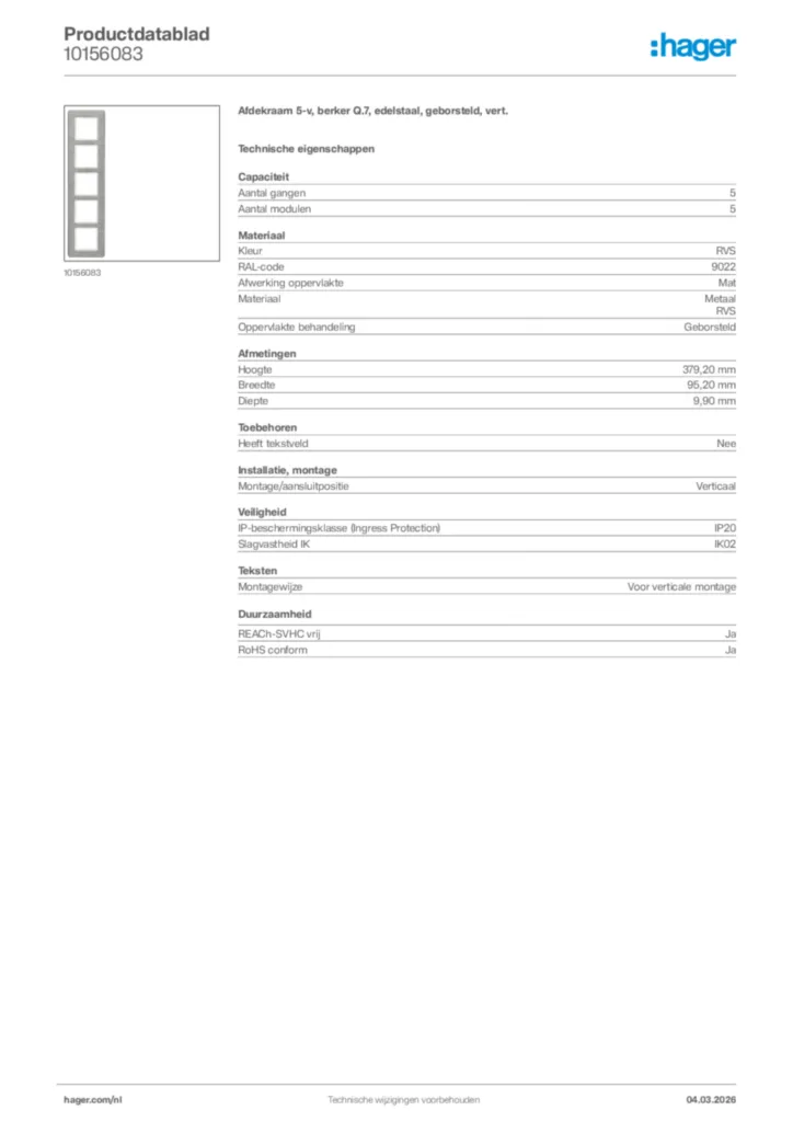 Afbeelding Hager Productdatablad 10156083 | Hager Nederland