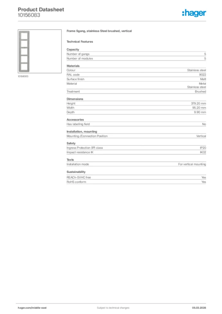 Image Hager Product data sheet 10156083  | Hager