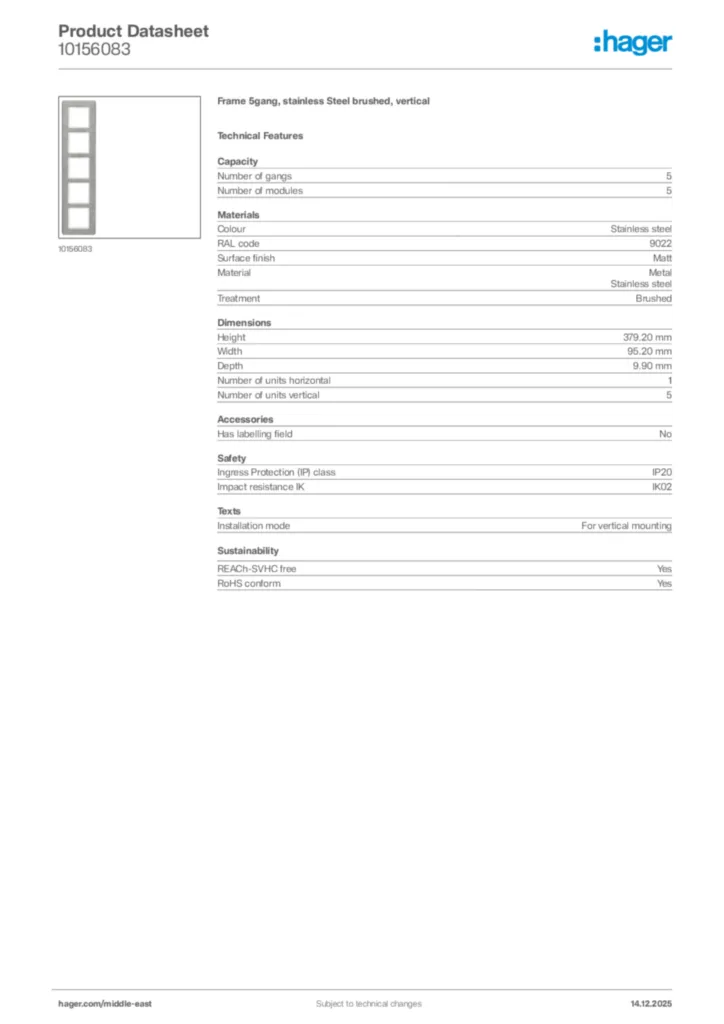 Image Hager Product data sheet 10156083  | Hager