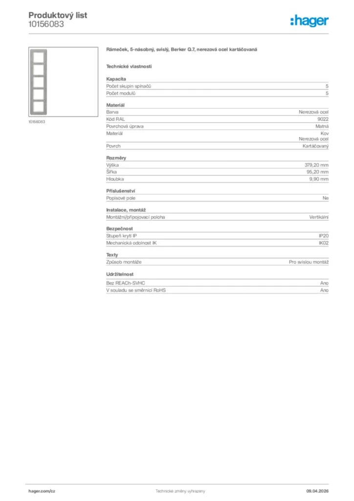 Obrázek Hager Product data sheet 10156083 | Hager