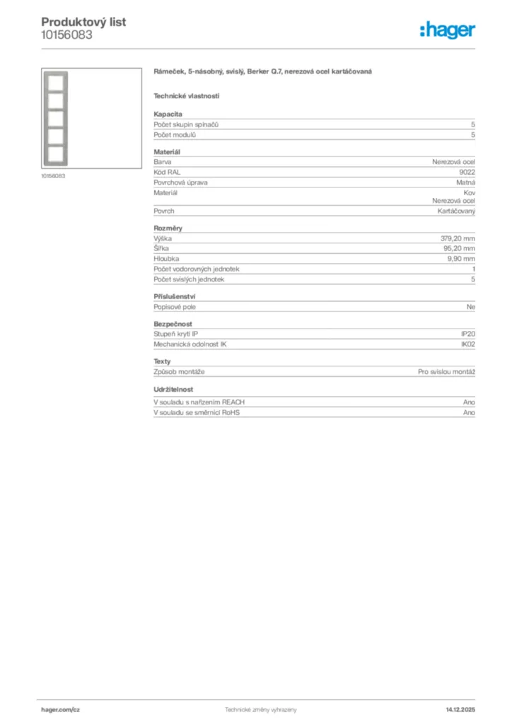 Obrázek Hager Produktový list 10156083 | Hager