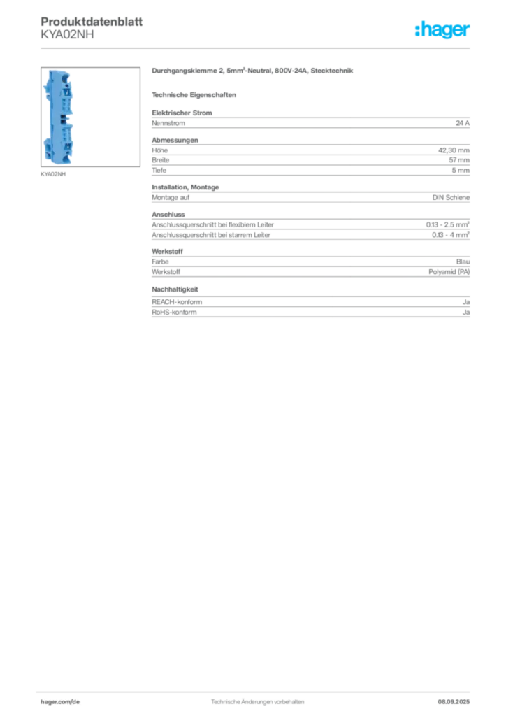 Bild Hager Produktdatenblatt KYA02NH | Hager Deutschland
