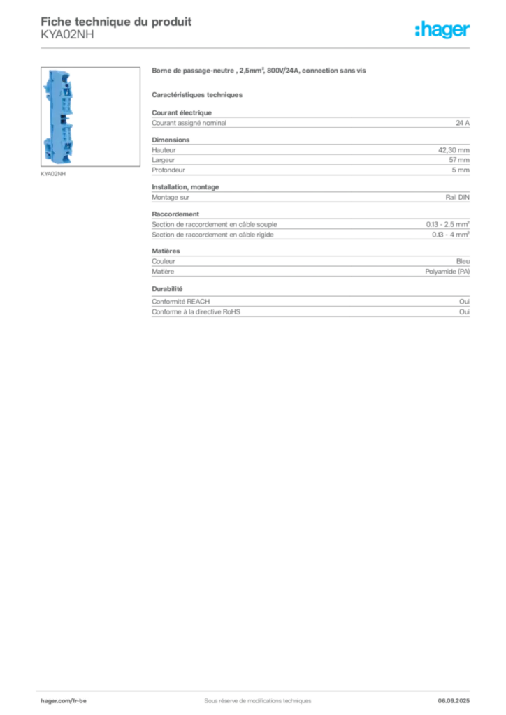 Image Hager Fiche technique du produit KYA02NH | Hager Belgique