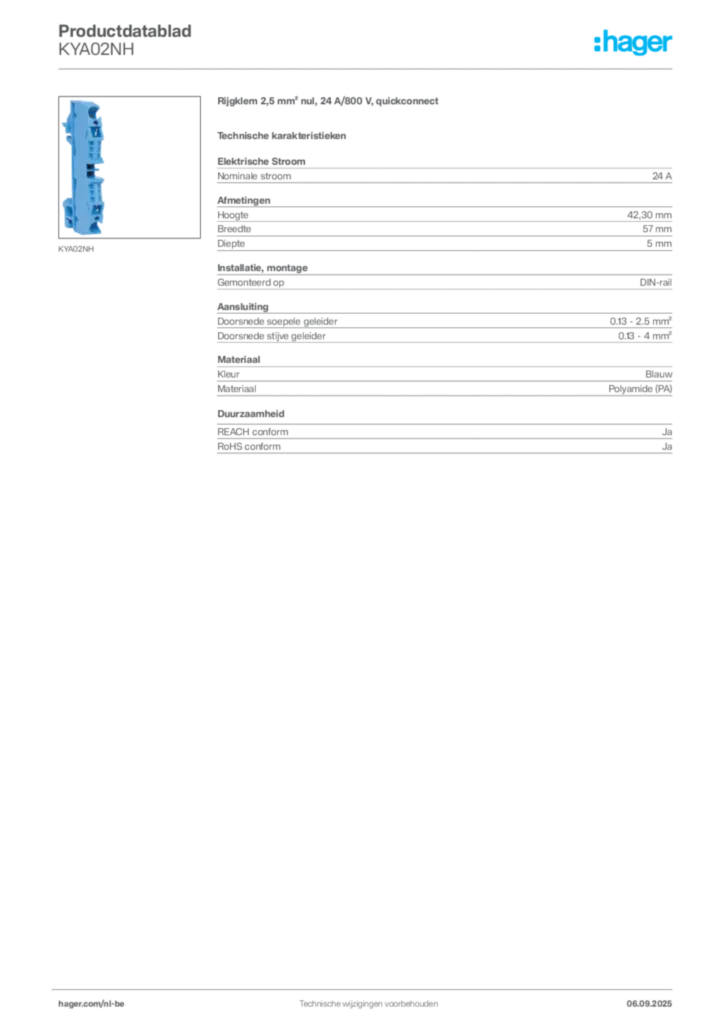 Afbeelding Hager Productdatablad KYA02NH | Hager Belgium