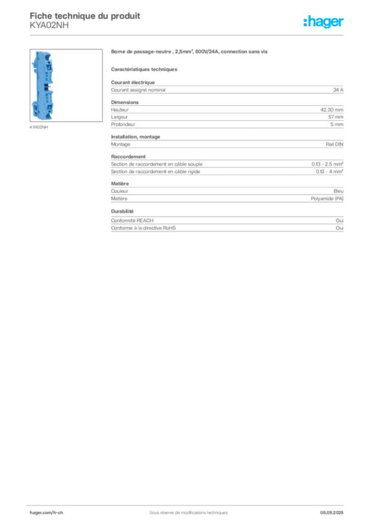 Image Hager Fiche technique du produit KYA02NH | Hager Suisse