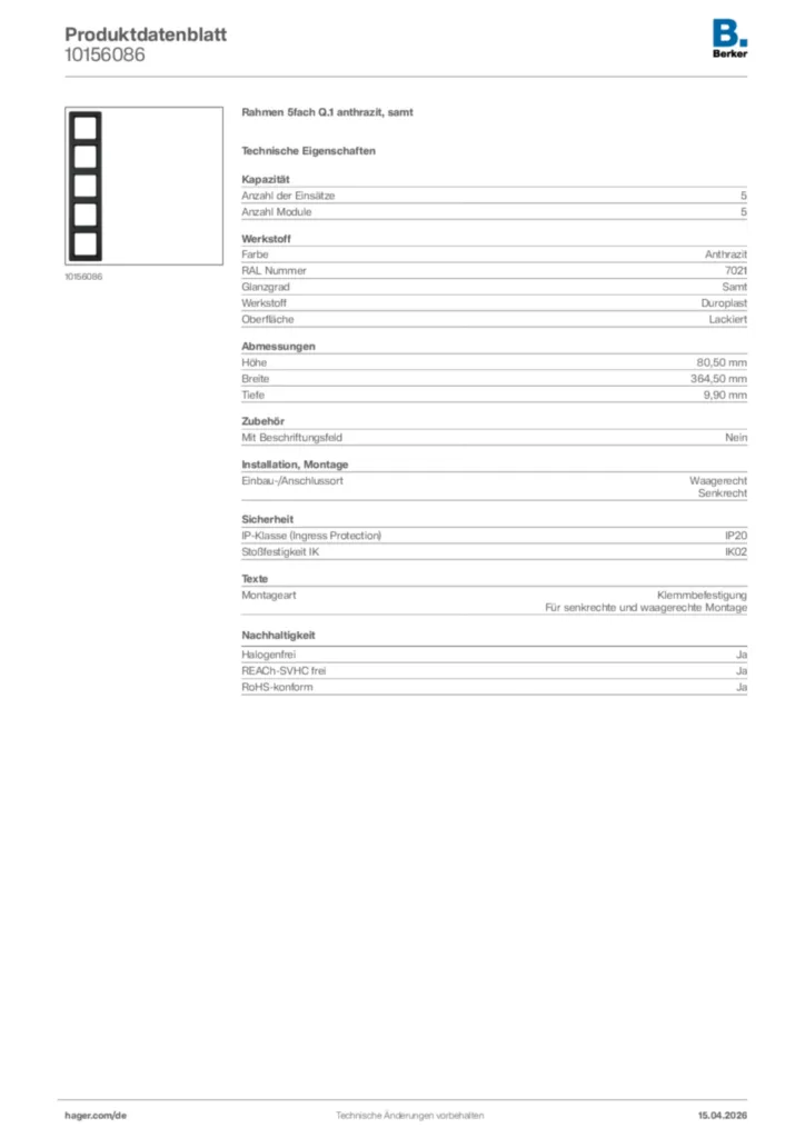 Bild Berker Produktdatenblatt 10156086 | Hager Deutschland