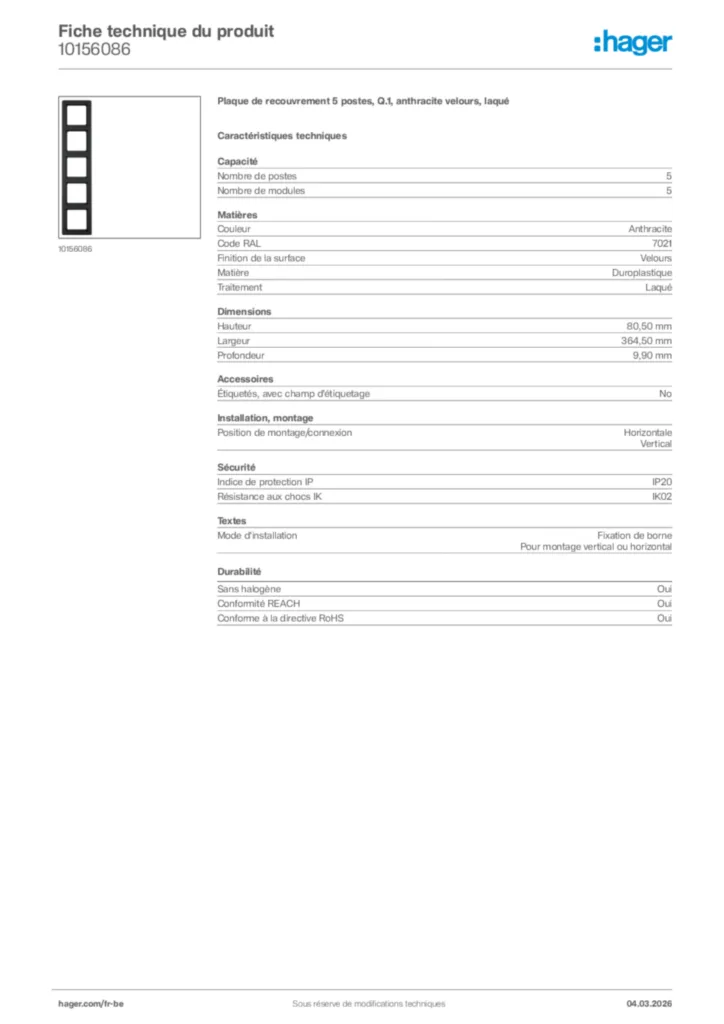 Image Hager Fiche technique du produit 10156086 | Hager Belgique