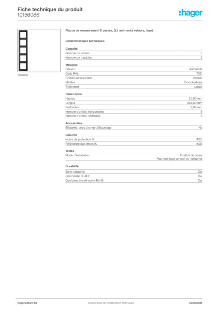 Image Hager Fiche technique du produit 10156086 | Hager Belgique