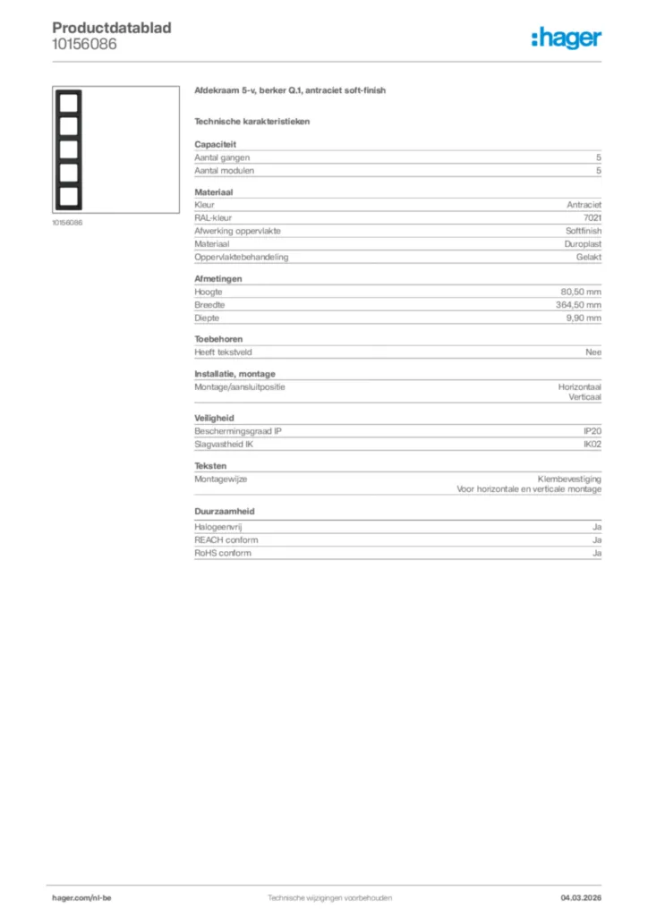 Afbeelding Hager Productdatablad 10156086 | Hager Belgium