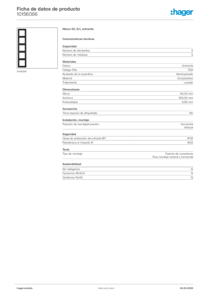 Imagen Hager Ficha de datos de producto 10156086 | Hager España