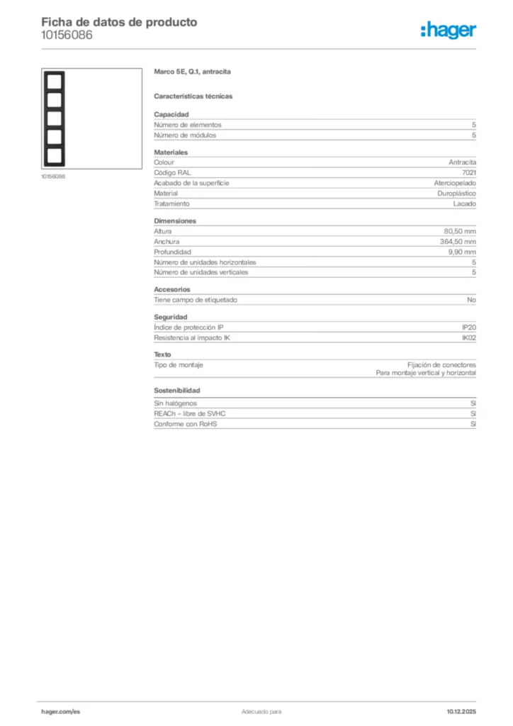 Imagen Hager Ficha de datos de producto 10156086 | Hager España