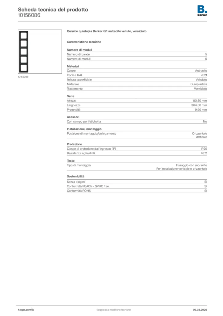 Immagine Berker Scheda tecnica del prodotto 10156086 | Hager Italia