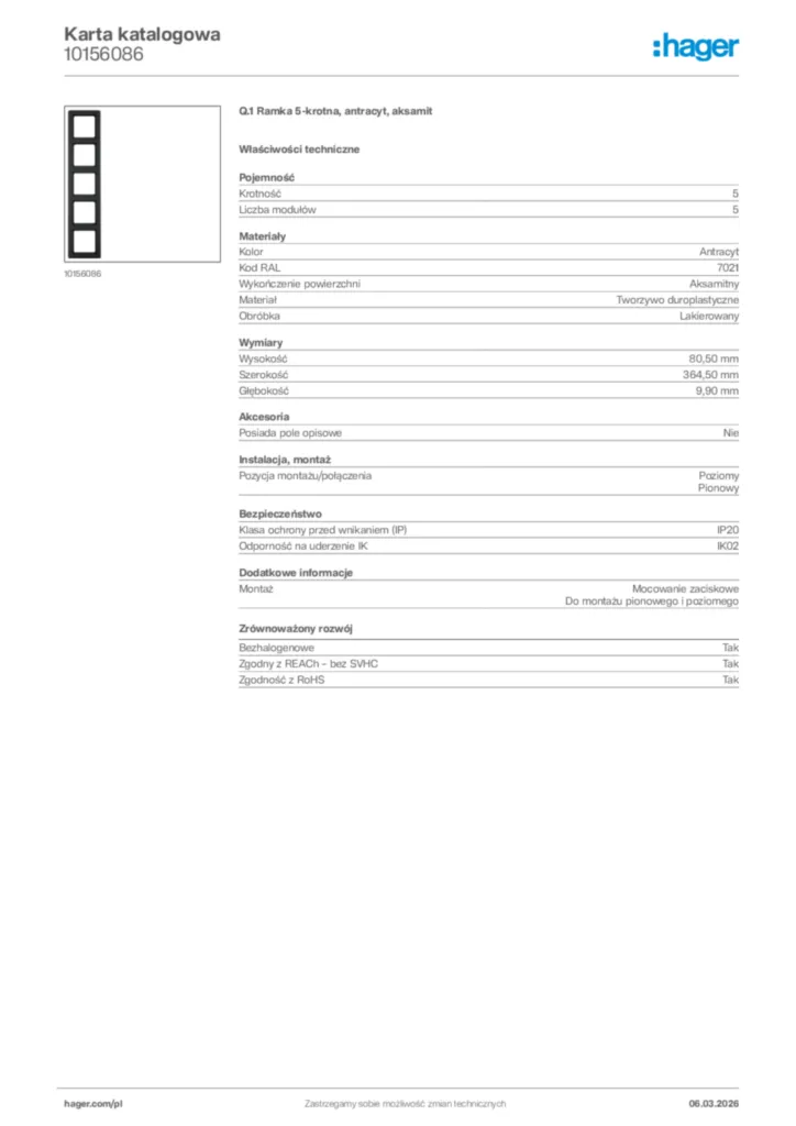 Zdjęcie Hager Karta katalogowa 10156086 | Hager Polska