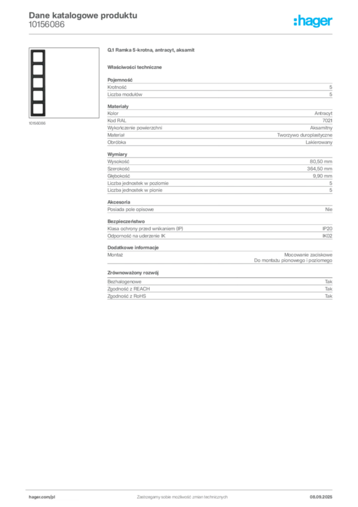 Zdjęcie Hager Dane katalogowe produktu 10156086 | Hager Polska